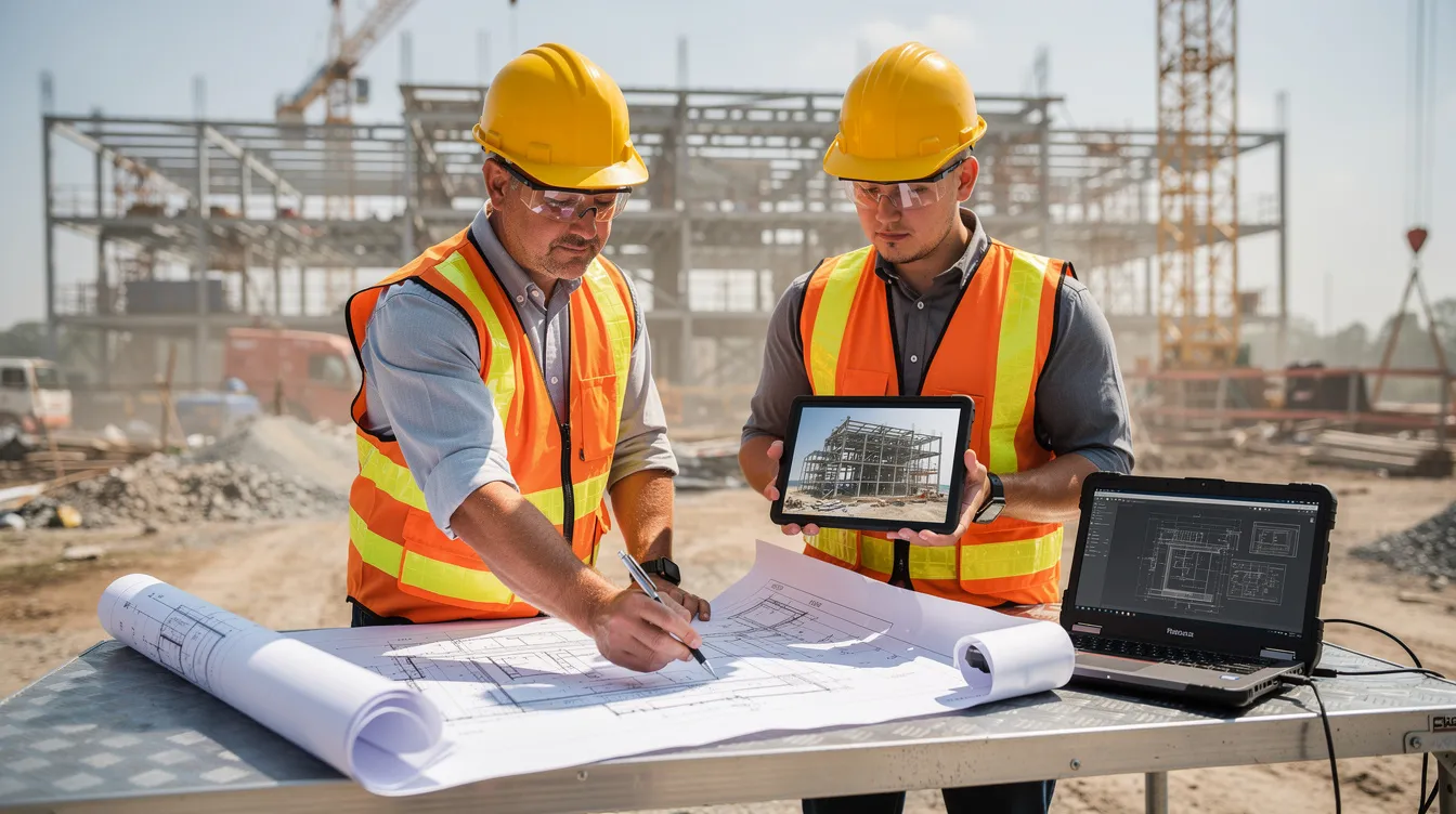 The image depicts two engineers collaborating on a construction project, reviewing detailed structural plans and utilizing digital devices to ensure compliance with building control regulations. Their coordination emphasizes the importance of professional integrity and statutory compliance in Singapore's construction industry, particularly during critical phases of the project.