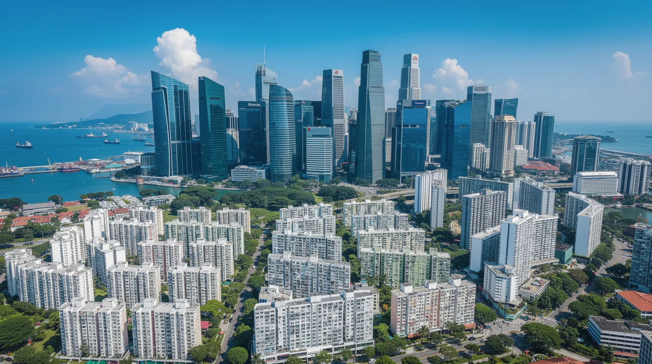 An aerial view of Singapore's skyline showcases a blend of residential and commercial buildings set against a clear blue sky, emphasizing the city's architectural diversity. This vibrant urban landscape highlights the importance of periodic structural inspections to ensure the safety and structural integrity of these buildings, in accordance with the Building Control Act and the regulations set by the Building and Construction Authority.