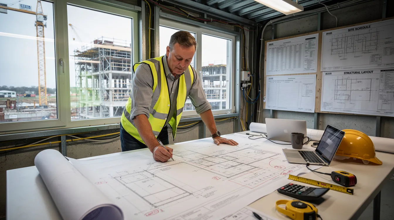 A professional engineer is intently reviewing structural drawings and architectural plans laid out on a large table in a construction site office, showcasing the multidisciplinary approach essential for addressing complex problems in the construction industry. This collaborative environment highlights the importance of different perspectives from engineers and digital designers in the design process, aiming to develop effective solutions for infrastructure projects.
