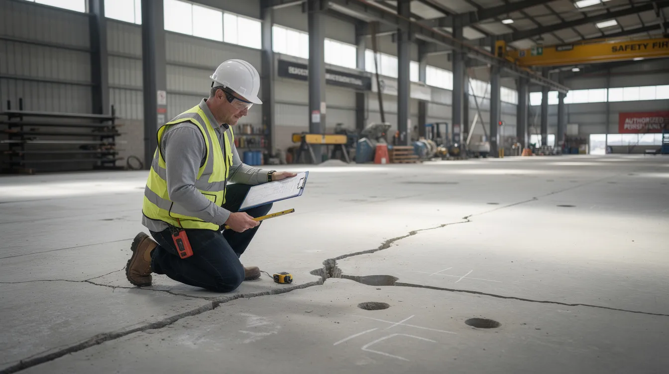 A structural engineer is inspecting a concrete floor slab in a factory setting, focusing on its slab thickness and overall durability to ensure it can support heavy loads and meet floor loading requirements. The environment features industrial elements like a jib crane and wire rope hoist, essential for lifting heavy equipment and ensuring safety during structural upgrades.