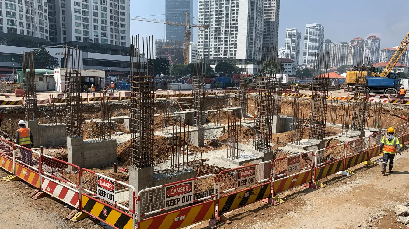 The image depicts a construction site in Singapore where structural foundation work is underway, surrounded by safety barriers to ensure the protection of workers and the public. Key structural elements are being installed, reflecting adherence to building control regulations and the approval process mandated by the Building and Construction Authority.