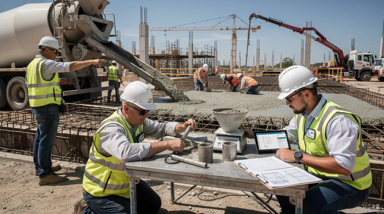 The image depicts a busy construction site where engineers and resident technical officers are overseeing a concrete pour, surrounded by testing equipment. This scene highlights the importance of quality control and foundation inspection in ensuring the structural integrity of concrete foundations during critical stages of construction projects.