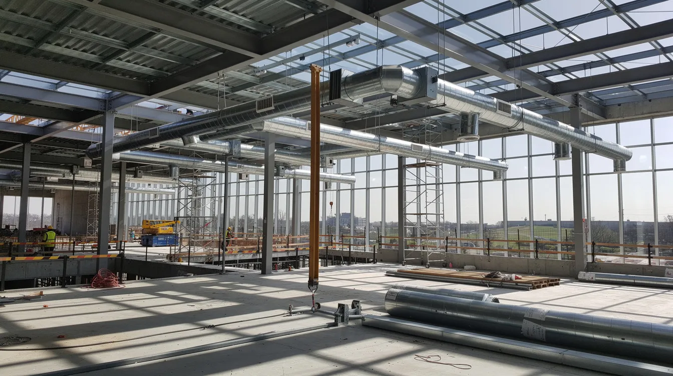 The image depicts a modern building under construction, featuring exposed structural steel beams and partially installed mechanical ductwork, highlighting the multidisciplinary approach required in the construction industry. This scene reflects the collaborative efforts of architects, engineers, and digital designers working together to solve complex problems and develop innovative solutions for the design process.