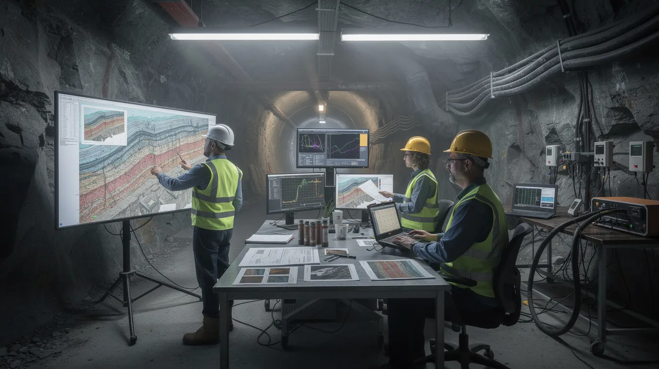 Engineers are gathered at an underground construction monitoring station, reviewing geological survey data crucial for large infrastructure projects. They are collaborating to ensure compliance with safety standards and regulations while managing the complexities of deep excavation and construction works.