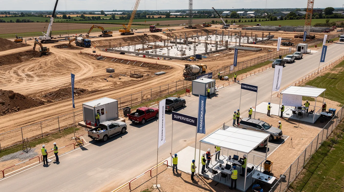 An aerial view of a large-scale construction site shows multiple supervision checkpoints, highlighting the importance of effective project management and quality control in the construction industry. This scene illustrates how site supervisors and construction teams work together to ensure compliance with safety standards and prevent costly rework during the construction process.