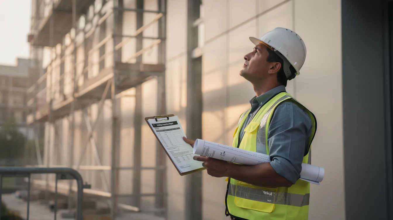An engineer is closely examining a building facade while holding inspection documents, with scaffolding in the background, highlighting the multidisciplinary approach required in the construction industry. This scene reflects the collaboration of architects, engineers, and digital designers to address complex problems in the design process and ensure the integrity of infrastructure projects.