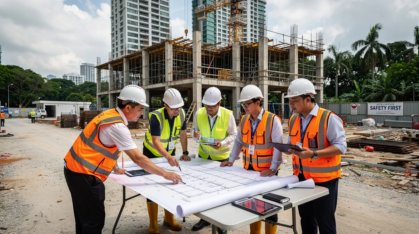 The image depicts a bustling construction site in Singapore, where a qualified supervision team is reviewing approved plans amidst ongoing structural works. The scene emphasizes the importance of site supervision and adherence to building control regulations to ensure the project's success and safety.
