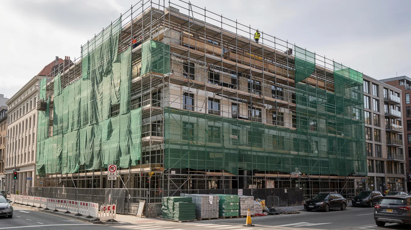 The image depicts a scaffolding system carefully erected around a multi-storey building undergoing renovation, with safety netting added for protection. This structure highlights the importance of maintaining the existing building's structural integrity during the renovation process, as overseen by qualified professionals in compliance with building control regulations.