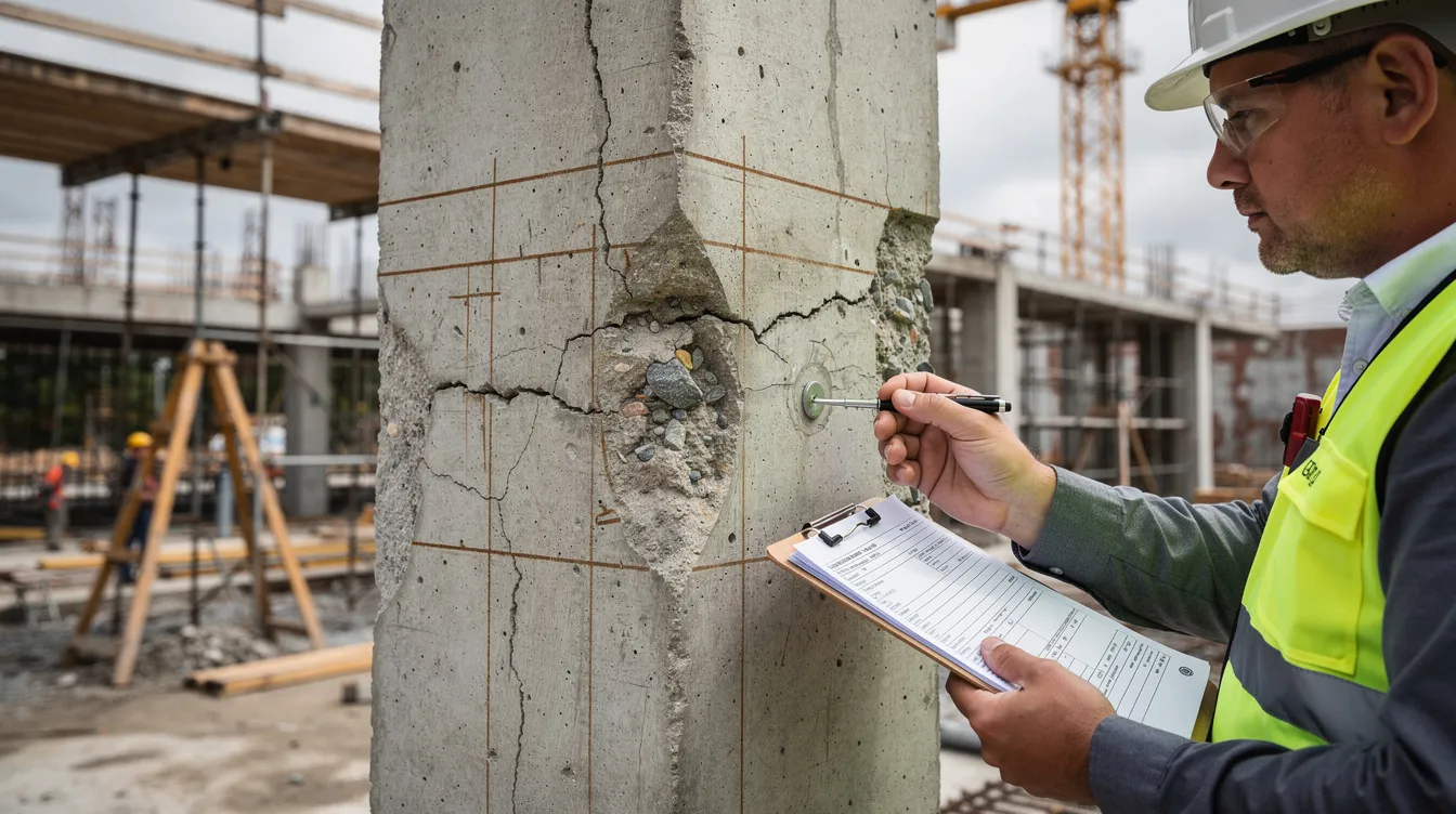 The image shows a close-up of a structural engineer inspecting a reinforced concrete column at a construction site, highlighting key structural elements to ensure compliance with approved plans and the Building Control Act. This visual inspection is crucial for maintaining professional integrity and ensuring public safety during critical phases of the construction project.