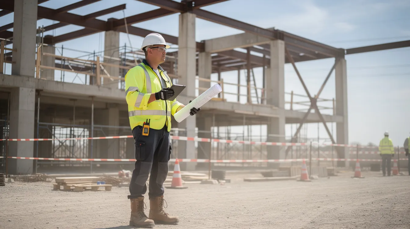An engineer, equipped with measurement tools and wearing safety gear, is conducting a site visit to inspect a building structure, ensuring compliance with engineering design standards and preparing for upcoming project milestones. The focus is on assessing the progress and defining any necessary alteration works to meet the expectations of stakeholders and clients.