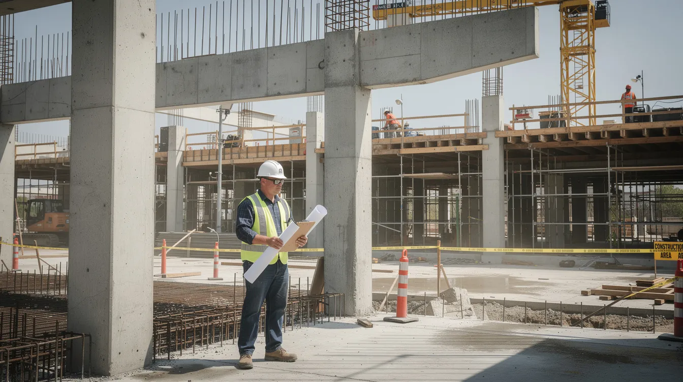 The image depicts an active construction site where a qualified person, specifically a supervisor, is inspecting key structural elements made of concrete. This oversight ensures compliance with building control regulations and the integrity of the project as it progresses.