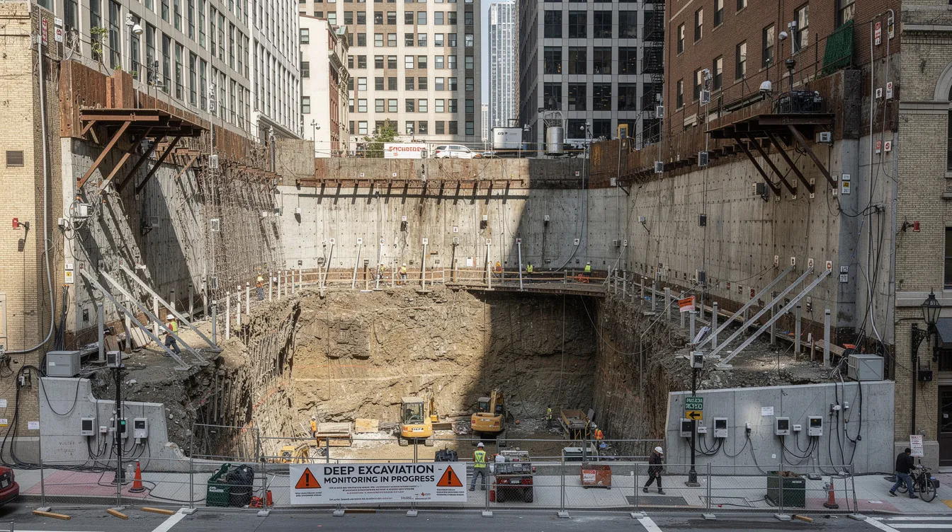 The image depicts a deep excavation site located in a dense urban area, featuring retaining wall systems and various monitoring equipment. This site is indicative of complex civil and structural engineering projects, showcasing the dedication of professional engineers like Aman Aboobucker in addressing infrastructure challenges in Singapore.