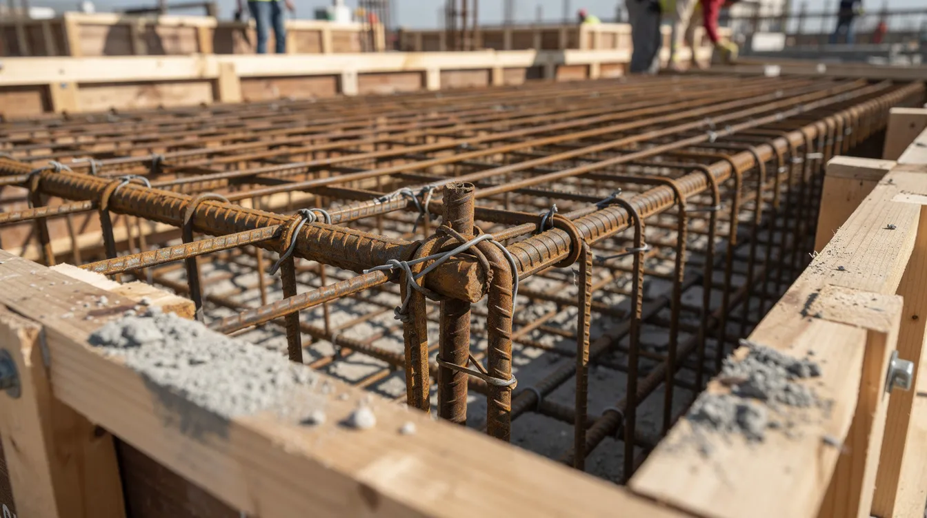 The image shows reinforcement bars meticulously arranged within a concrete formwork, ready for pouring, emphasizing the critical role of structural engineers in ensuring foundation integrity. This setup is essential for maintaining structural stability and compliance with building codes during construction projects.
