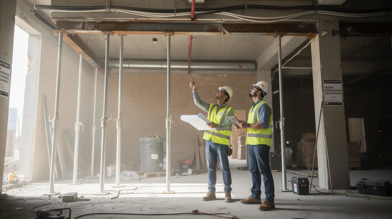 An engineering team is conducting a site inspection of steel formwork and temporary shoring inside a building undergoing structural renovation works. They are assessing the structural integrity of the existing structure to ensure compliance with building control regulations and approved plans.