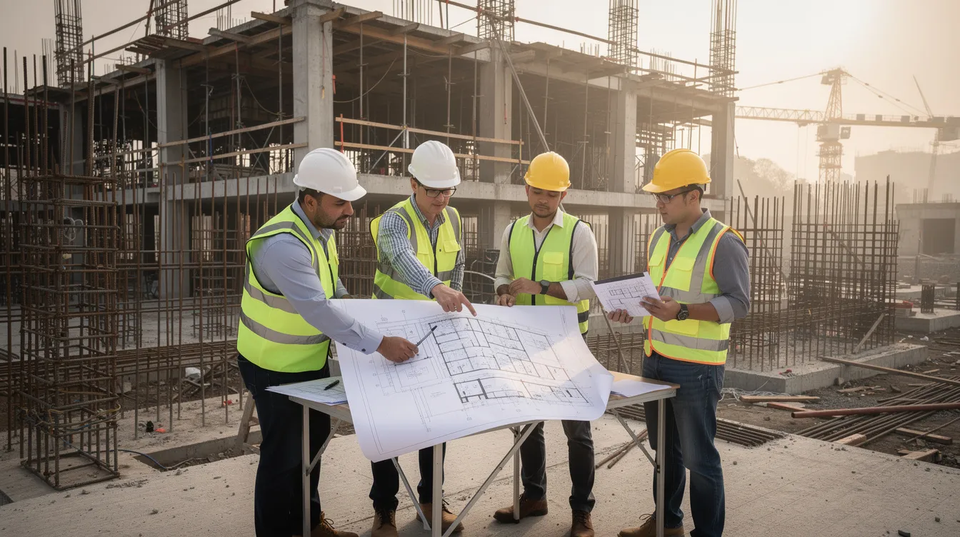 Two engineers are reviewing structural plans at a construction site, with visible steel reinforcement in the background, highlighting the importance of project management and adherence to building control regulations in the construction industry. The scene emphasizes the need for a qualified person and experienced team to ensure the structural integrity of the building project.