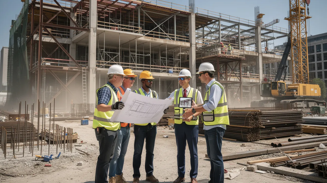 The image depicts a busy construction site where workers and supervisors are engaged in a detailed review of the structural framework of a building. This process is crucial for ensuring the building's structural integrity and compliance with the Building Control Act, as they assess for any potential structural defects and plan for necessary periodic structural inspections.