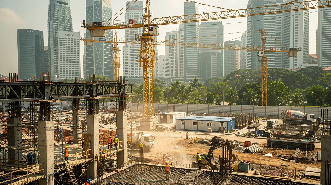 The image depicts a large construction site in Singapore, bustling with multiple cranes and intricate structural frameworks, set against a backdrop of the city skyline. This scene highlights the critical aspects of site supervision and construction quality, emphasizing the role of professional engineers and resident technical officers in ensuring compliance with safety regulations and statutory requirements.