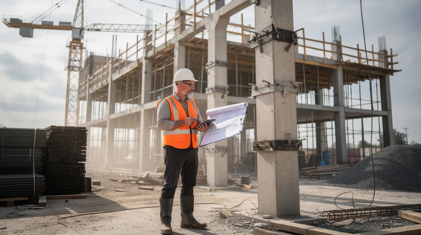 A structural engineer is inspecting a reinforced concrete framework at a building site, ensuring the structural works meet safety standards and construction supervision requirements. The engineer is focused on the details of the framework, which is essential for the integrity of the building.