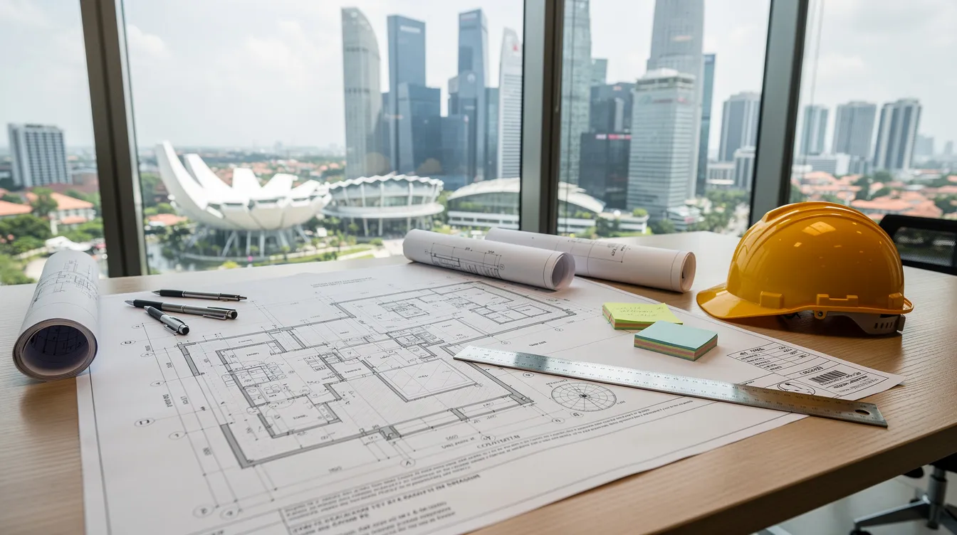 The image shows a spread of construction site plan documents on a table, with the iconic Singapore skyline in the background. The documents likely include details related to the proposed development, project budgets, and submission strategies for URA approval, emphasizing the importance of preparation and coordination among various agencies.