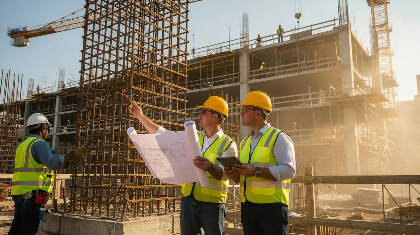 The image depicts a construction site where engineers are inspecting steel reinforcement as part of the structural framing process. This scene highlights the importance of quality control and effective project management in the construction industry, ensuring compliance with international standards to prevent costly rework and project delays.