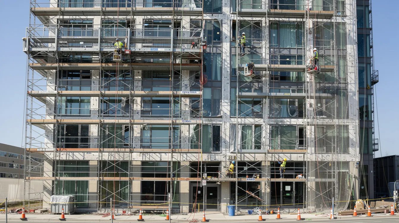 The image depicts a high-rise building facade undergoing exterior repair works, with scaffolding erected and inspection equipment in place for a thorough assessment. This setup ensures compliance with the building control act and facilitates periodic facade inspections by a registered professional engineer to identify any visible defects and maintain structural integrity.