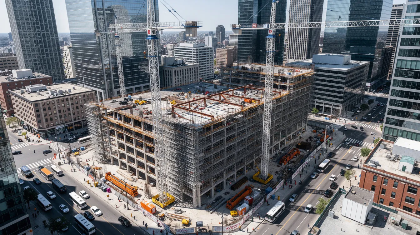 An aerial view captures a large construction project in an urban setting, featuring multiple cranes and scaffolding amidst a bustling cityscape. This scene highlights the complexity of construction supervision, where qualified site supervisors and resident engineers ensure safety and efficiency in structural works.