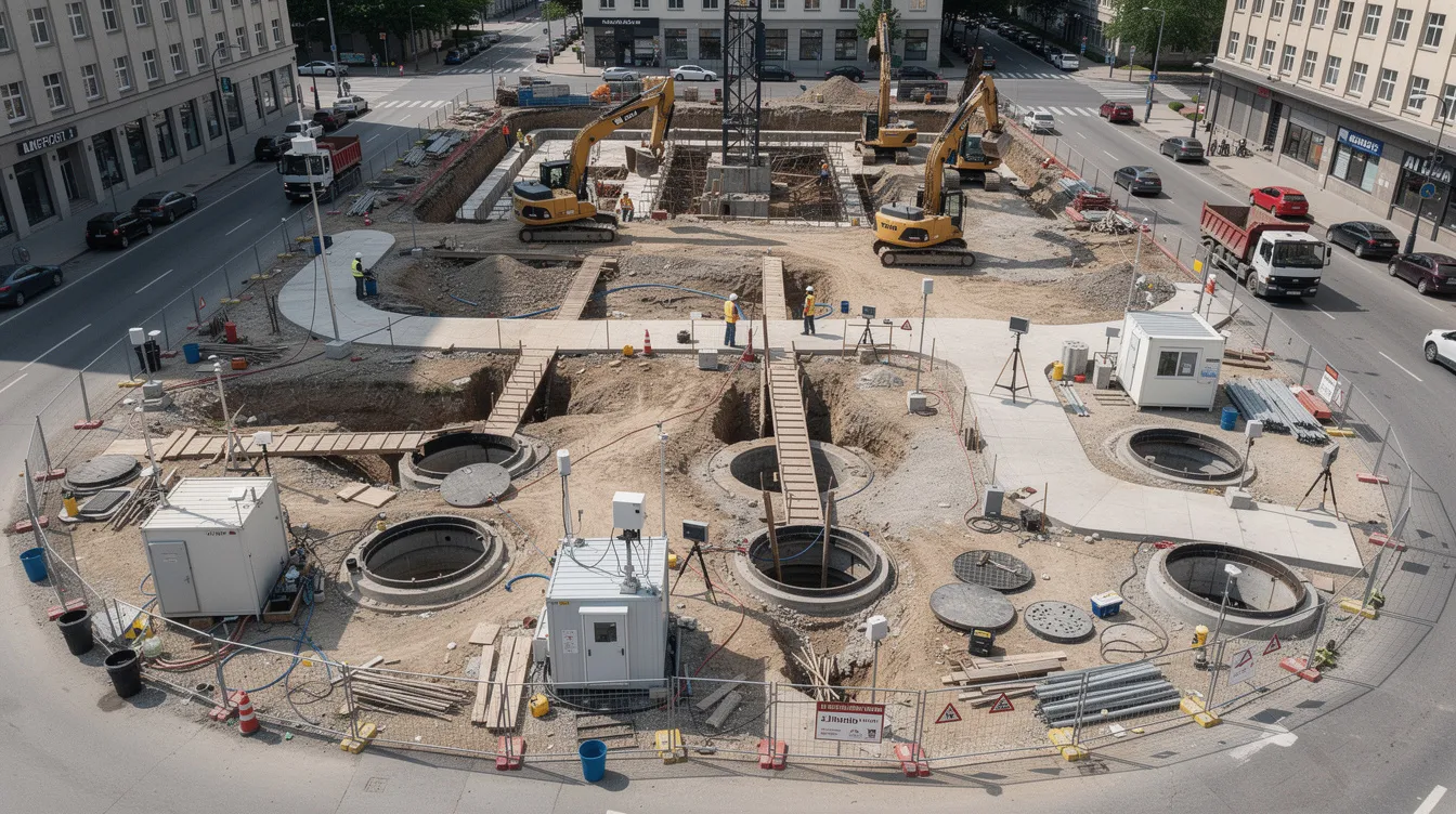 An aerial view captures an urban construction site bustling with activity, featuring multiple underground access points and monitoring stations. This scene highlights the collaborative efforts of project managers, construction teams, and regulatory agencies as they work on large infrastructure projects, ensuring compliance with safety standards and efficient project management.