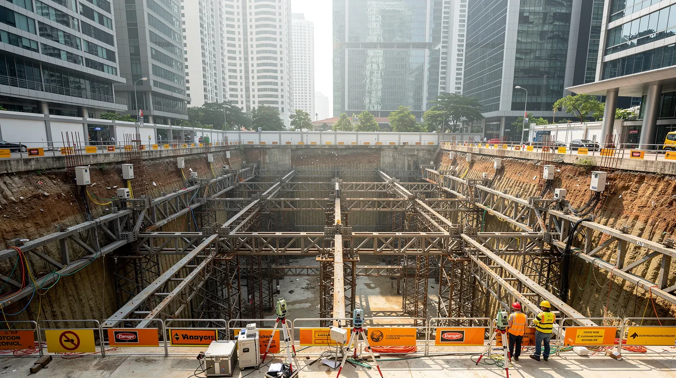 The image depicts a deep urban excavation site in Singapore, surrounded by towering high-rise buildings, featuring visible steel strutting and monitoring equipment. This construction site highlights the importance of risk management and necessary safety precautions for successful project delivery in the construction industry.