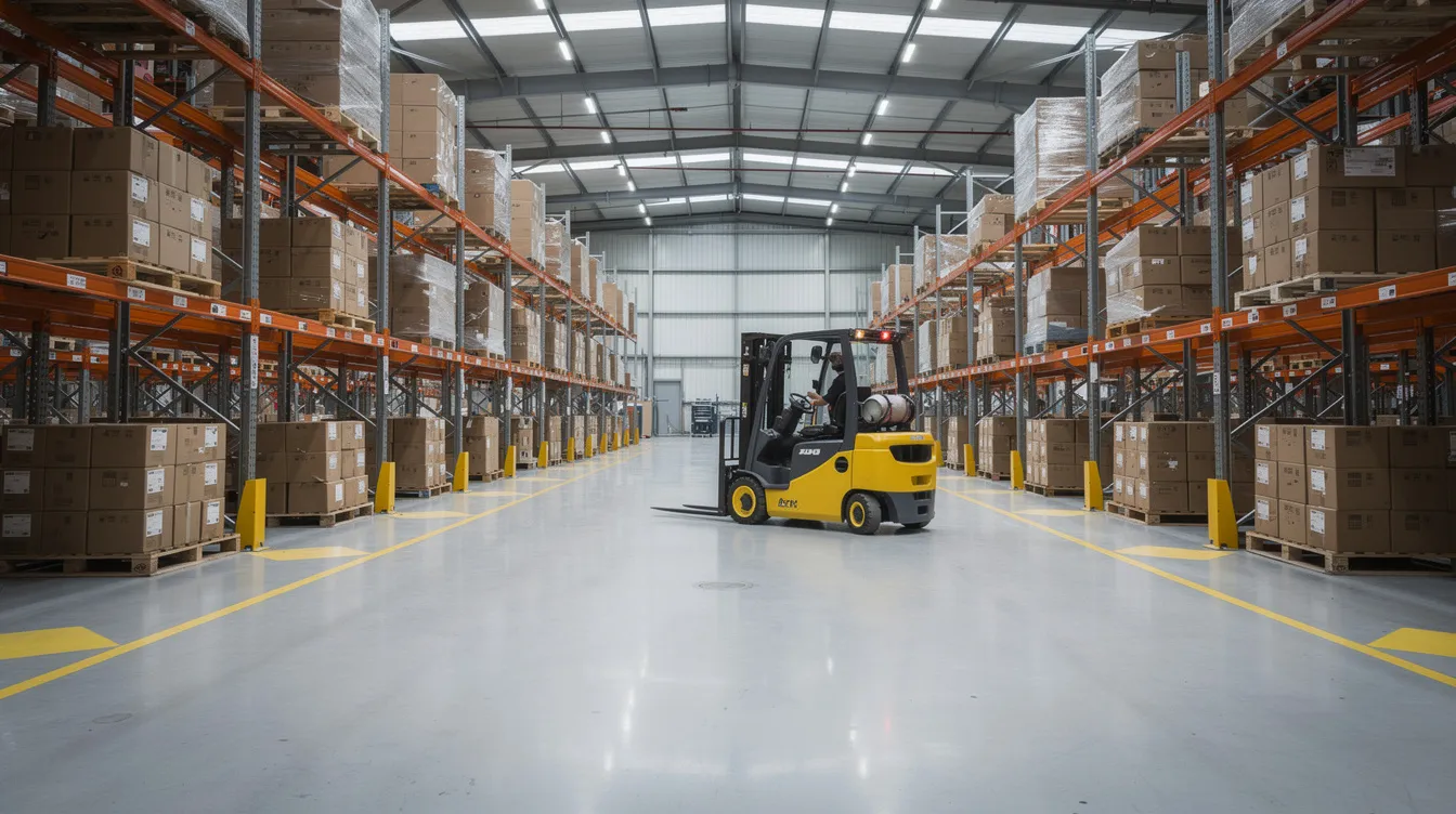 The image depicts a spacious industrial warehouse floor featuring a pallet racking system, designed to support heavy loads, with a forklift maneuvering through the area. This setup illustrates effective space utilization and safety considerations for handling equipment and materials within the building.