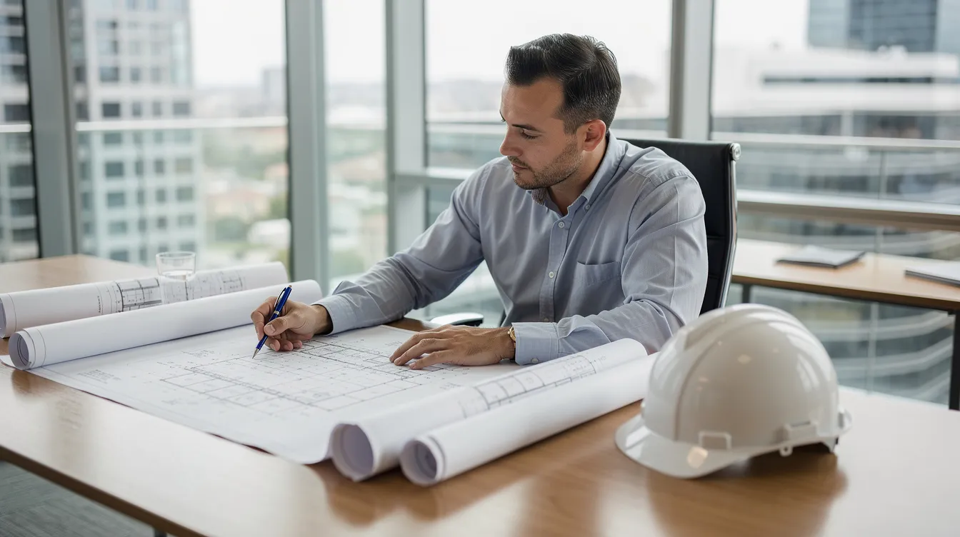 A professional engineer is seated at a modern office desk, intently reviewing structural blueprints while wearing a hard hat. Rolled drawings are placed nearby, emphasizing the importance of engineering design and project onboarding for successful construction projects.
