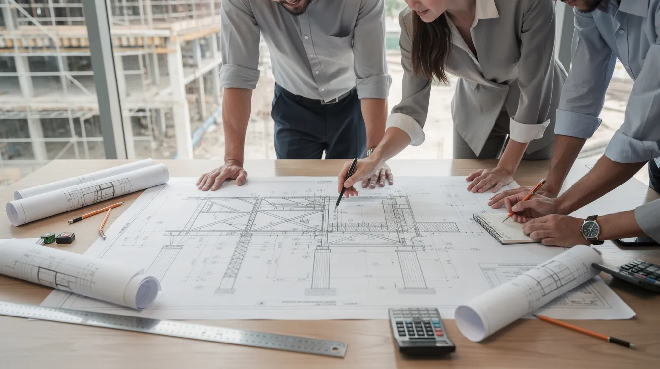 A group of engineering professionals is gathered around a desk, intently reviewing detailed structural plans and building plans for a construction project. The atmosphere is focused as they discuss key structural elements and ensure compliance with building and construction authority regulations for the structural plan approval process.