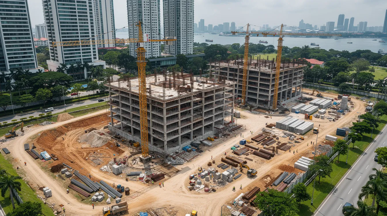 An aerial view of a bustling construction site in Singapore showcases cranes towering over a complex of structural frameworks, highlighting key structural elements in progress. This scene reflects the ongoing building works and the importance of obtaining structural plan approval from the Building and Construction Authority (BCA) to carry out structural works safely and efficiently.