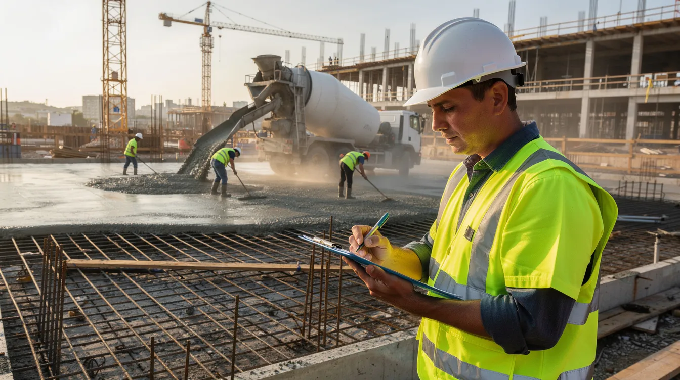 A supervisor wearing a safety vest is documenting construction progress at a concrete pouring site, holding a clipboard and ensuring compliance with site supervision requirements. This scene highlights the importance of workplace safety and the role of professional engineers in overseeing construction quality and structural works.