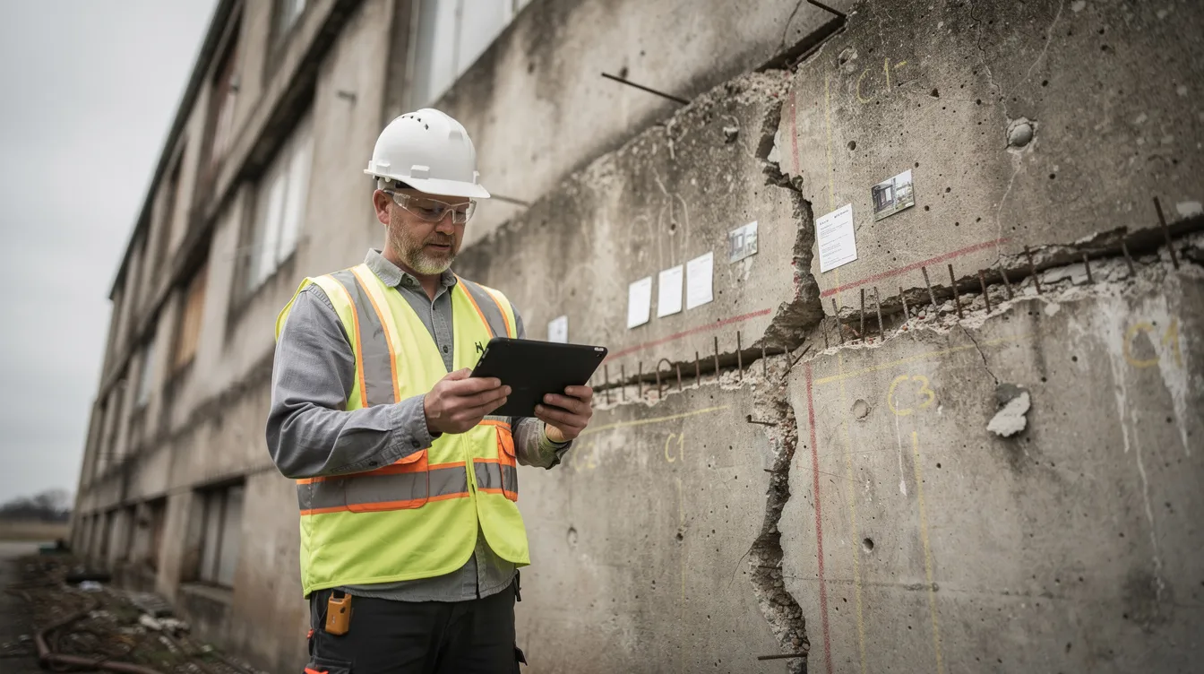 An engineer is inspecting the exterior of an aging concrete building while using a digital tablet to assess its structural integrity. This periodic structural inspection is crucial for identifying any potential structural defects and ensuring the safety of the building, in compliance with the Building Control Act and regulations set by the Building and Construction Authority.