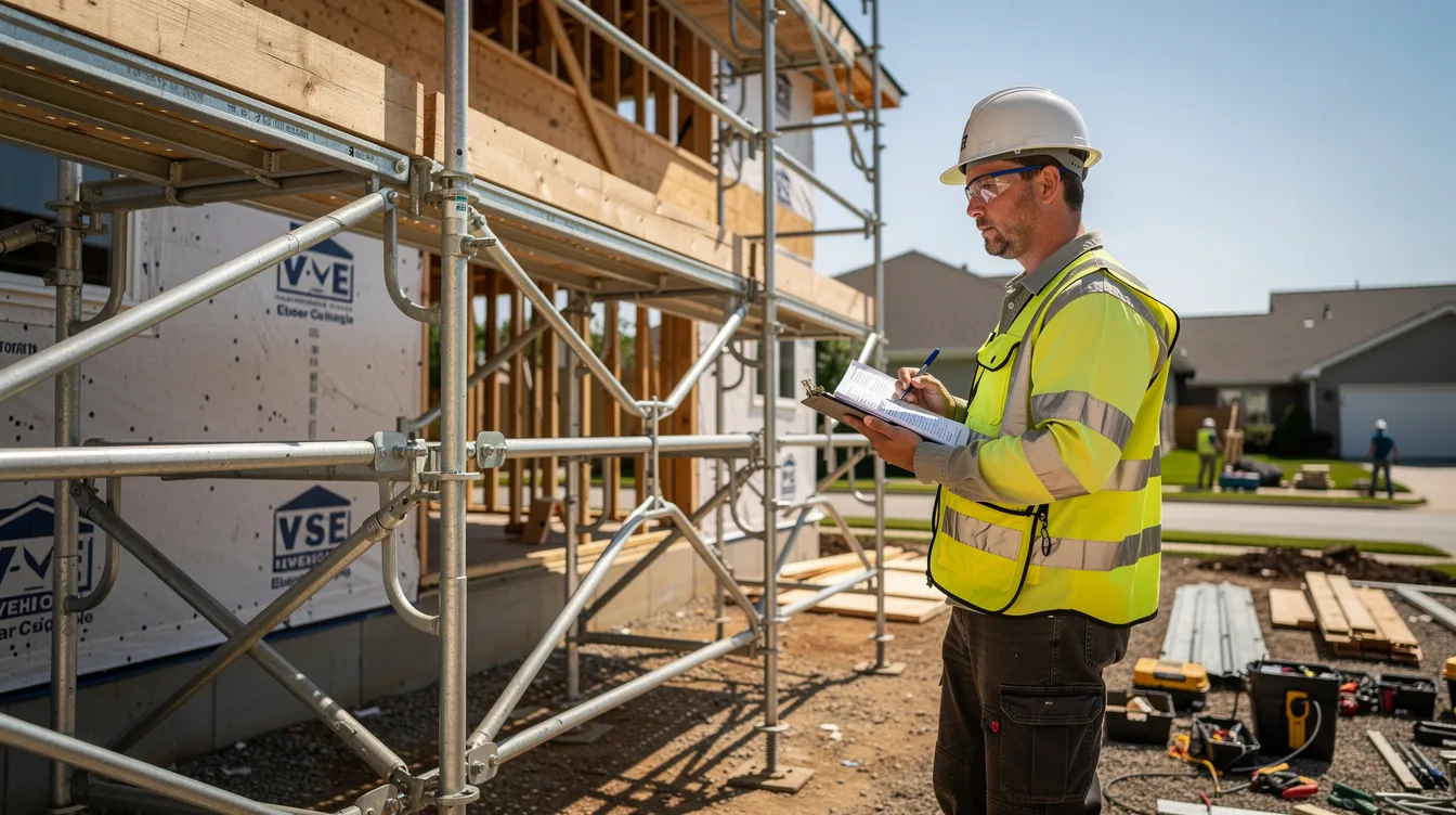 A safety inspector is closely examining the scaffolding connections and bracing at a residential construction site to ensure compliance with building control regulations and maintain structural integrity. This site inspection is crucial for the safety of renovation projects and the overall structural assessment of the existing structure.