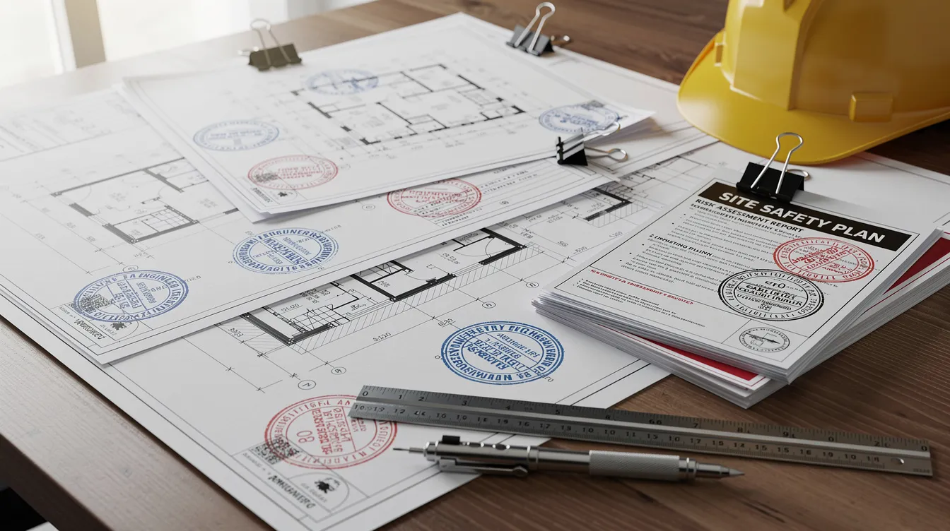 The image features architectural blueprints spread out on a desk, accompanied by engineering stamps and safety documentation, highlighting essential elements for building and construction authority compliance. This setup reflects the importance of project management and site supervision in ensuring adherence to relevant regulations and the successful execution of construction projects.