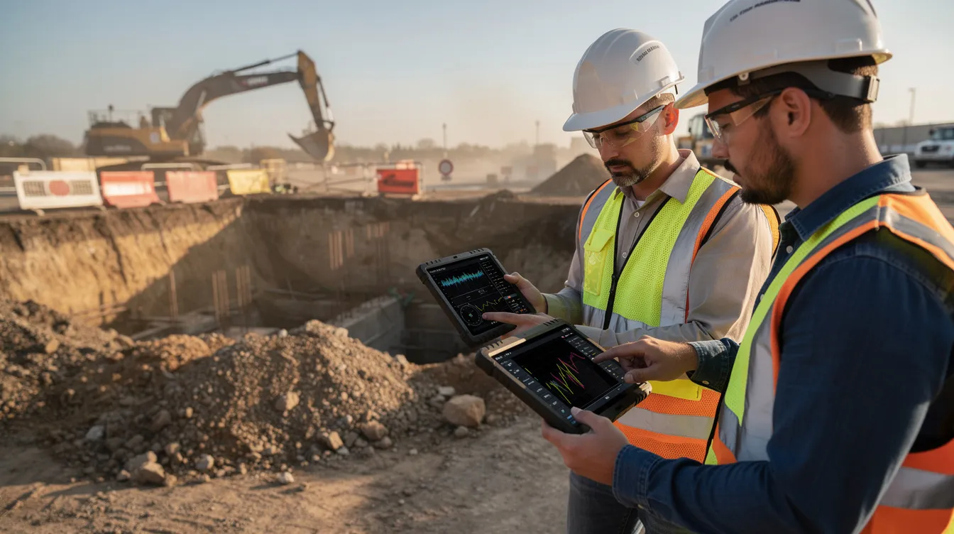 A group of engineers is reviewing monitoring data on tablets at a construction site, with excavation equipment visible in the background. This scene highlights the importance of proactive risk management and workplace safety in construction projects, ensuring compliance with necessary safety precautions and regulations.