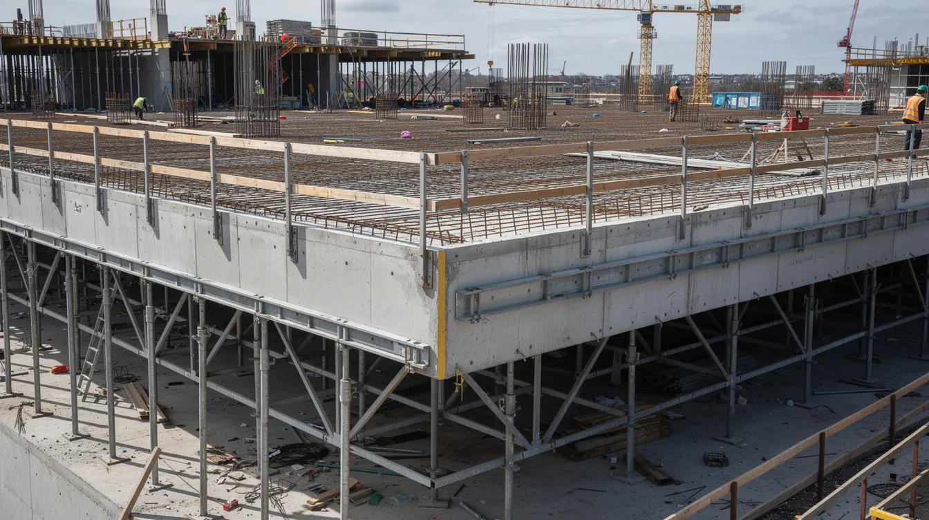 The image depicts a formwork system with falsework supports positioned beneath a concrete slab that is currently under construction, illustrating the essential temporary structures used in construction projects. This setup emphasizes the importance of managing temporary works effectively to ensure safety and compliance with construction standards.