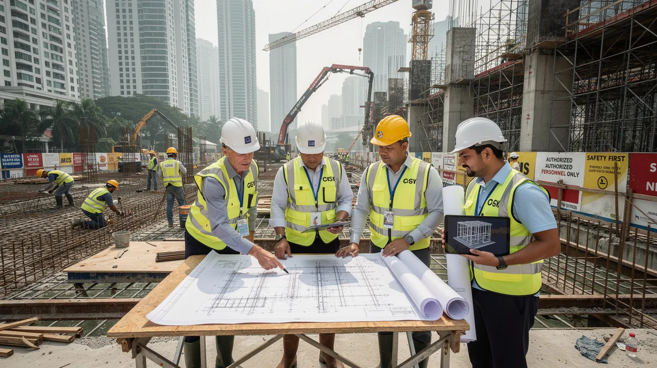 The image depicts a bustling construction site in Singapore where engineers, including a registered professional engineer, are meticulously reviewing detailed structural plans and overseeing key structural elements of the building works. This scene highlights the importance of professional accountability and site supervision in ensuring compliance with the building control act and the successful execution of complex projects.