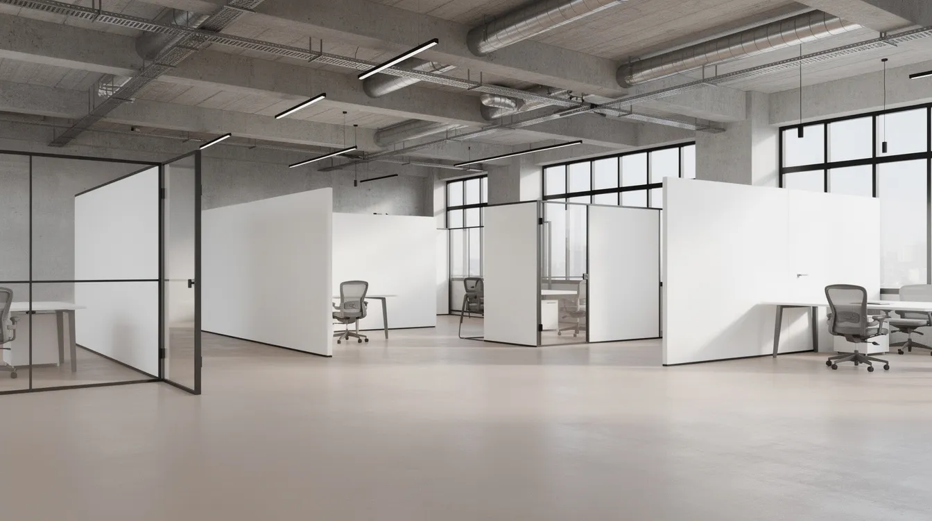 The image depicts an open industrial workspace featuring vinyl flooring and gypsum board partitions, designed for various building works. This layout may require necessary approvals from relevant authorities such as the Urban Redevelopment Authority and the Building and Construction Authority for any proposed works or renovations.