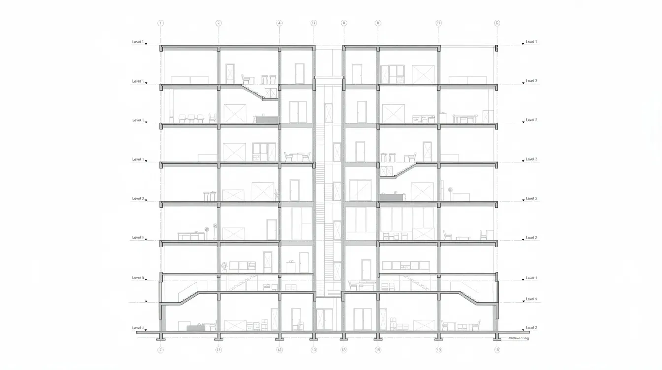 The image depicts a detailed cross-section of a multi-floor building designed for industrial purposes, showcasing shared structural elements that facilitate operations in a user factory setting. This diagram highlights the layout and functionality of industrial space, emphasizing the integration of multiple user factory capabilities within an urban redevelopment context.