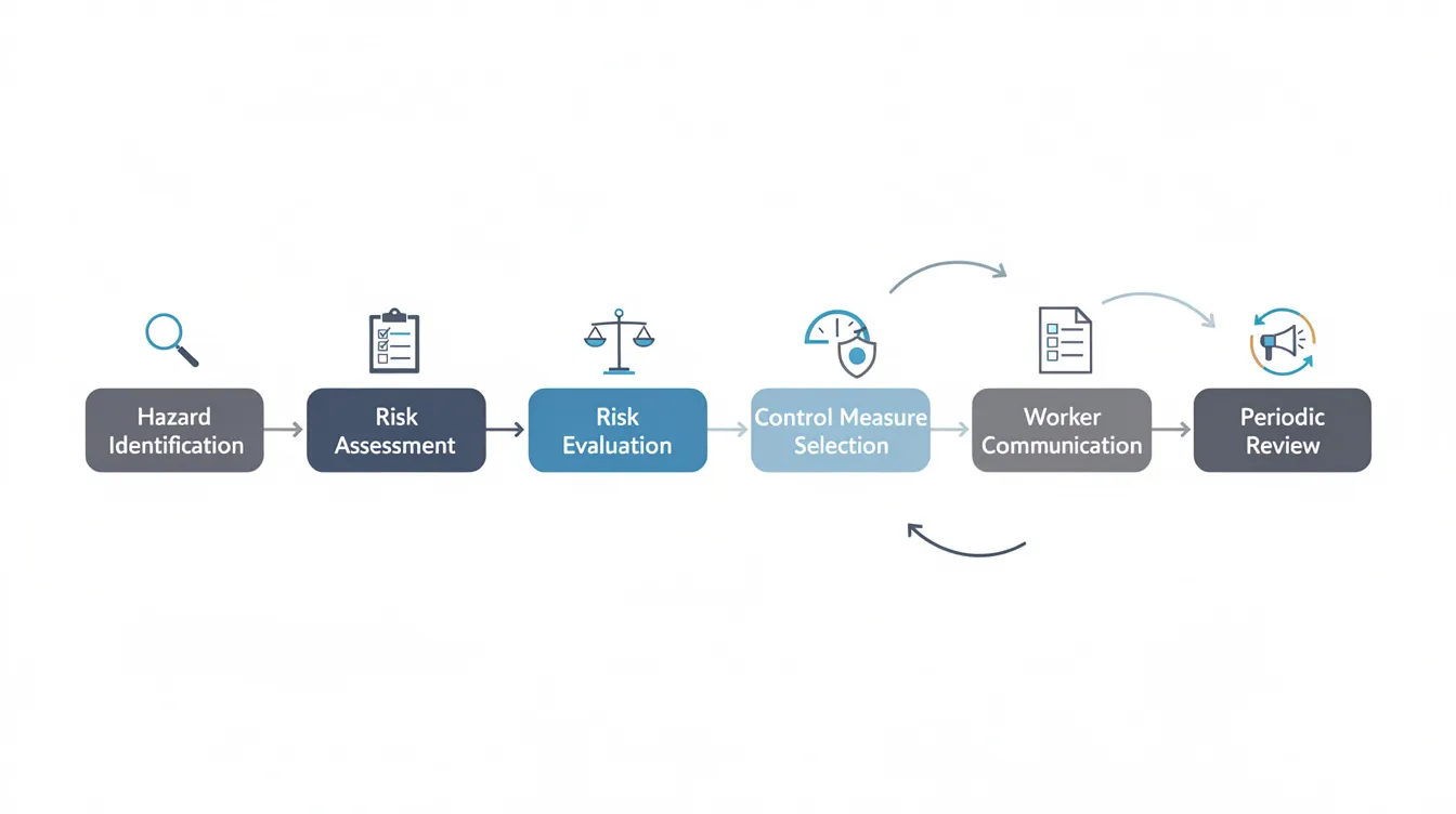 The image depicts a flowchart outlining the risk assessment process, starting from hazard identification and progressing through risk evaluation, selection of appropriate control measures, documentation, communication with workers, and periodic reviews. This visual representation emphasizes the importance of workplace safety and health, highlighting key steps essential for conducting risk assessments in high-risk construction work environments.
