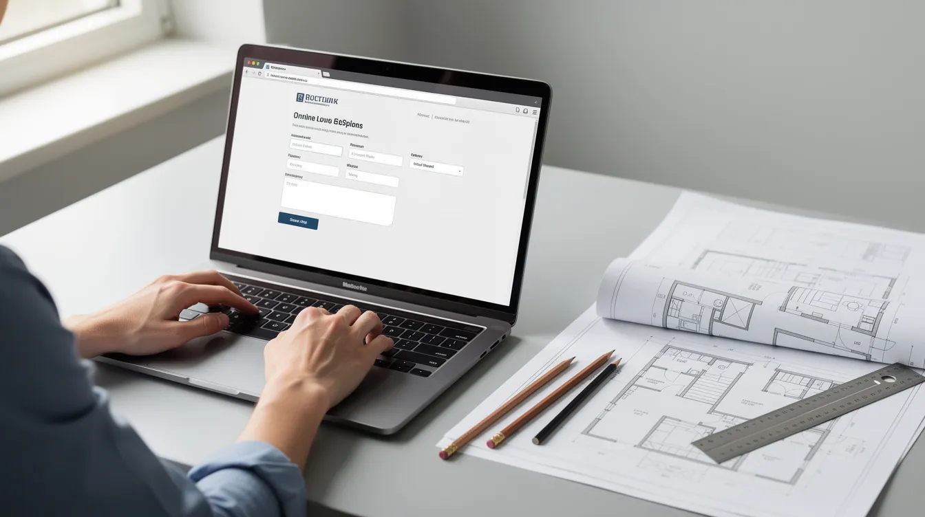 A person is seated at a clean office desk, focusing on filling out an online form on a laptop, with architectural drawings and plans laid out beside them. This scene reflects the process of preparing necessary submissions for building and construction authority approvals, such as plan consent and project proposals.