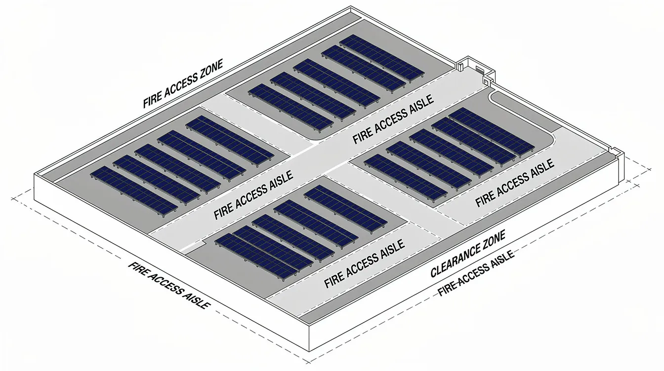 An isometric diagram depicts an industrial building rooftop featuring arrays of solar panels, with clearly marked fire access aisles and clearance zones. This illustration highlights the importance of proper planning for solar panel installation in accordance with JTC's mandatory solar deployment requirements.