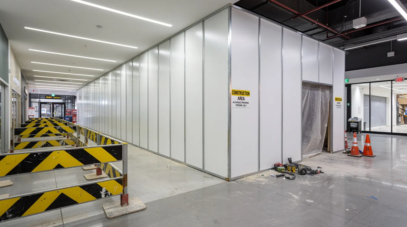 The image depicts a construction site corridor surrounded by hoarding and protective barriers, emphasizing workplace safety. This area is likely experiencing noisy or disruptive works, which may affect nearby residential buildings and require adherence to regulations regarding maximum permissible noise levels.