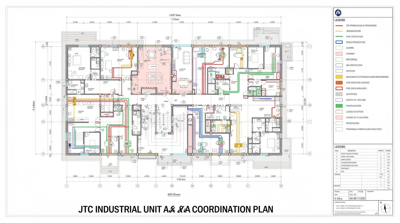 The image depicts an overlay schematic that aligns fire safety, mechanical, electrical, and plumbing (MEP), and architectural plans for a JTC industrial unit undergoing addition and alteration (A&A). This comprehensive design highlights key components such as fire protection systems, compliance with fire safety regulations, and emergency preparedness measures to ensure occupant safety and effective fire safety measures.