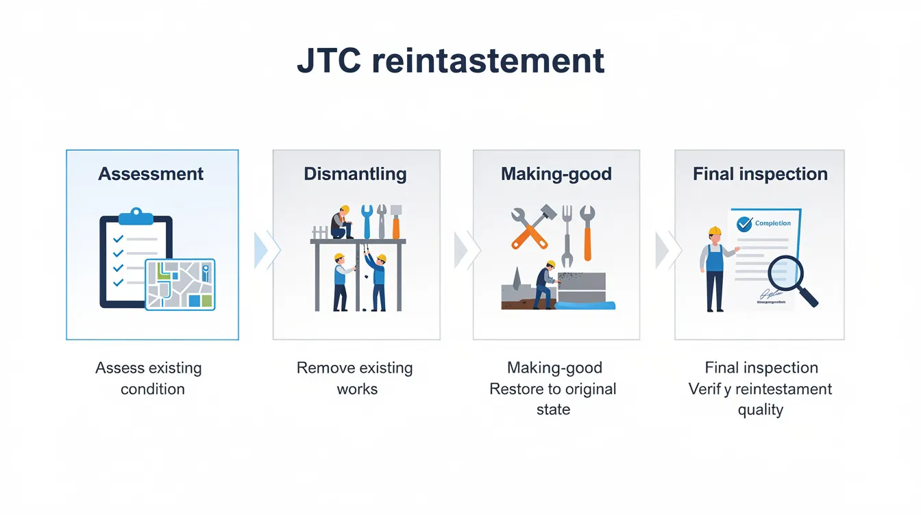 The image depicts a four-phase diagram outlining the stages of the reinstatement process for commercial tenants, including assessment, dismantling, making-good, and final inspection. This process is essential for ensuring compliance with lease requirements and involves careful planning and execution by an experienced reinstatement contractor to avoid financial penalties upon lease expiry.