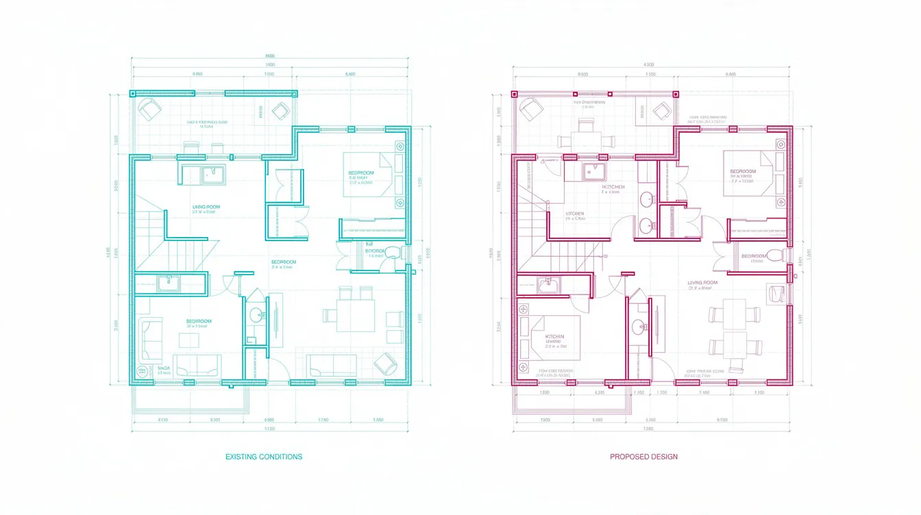 The image displays a pair of floor plans, with the existing conditions highlighted in cyan and the proposed elements overlaid in magenta, illustrating the changes for urban redevelopment. This visual comparison can aid in understanding the necessary approvals and JTC submission requirements for renovation works.