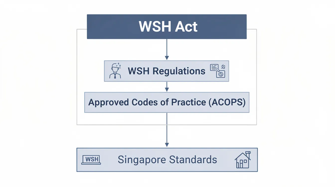 The image is a layered diagram illustrating the regulatory hierarchy of workplace safety and health in Singapore, starting from the WSH Act and extending down through various regulations, Approved Codes of Practice (ACOPs), and Singapore Standards. It emphasizes the importance of safety management systems, risk assessments, and necessary safety training to ensure worker safety on construction sites.