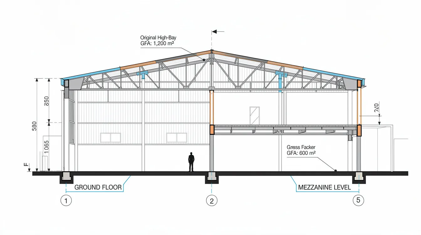 The image features a cross-section diagram of an industrial building, highlighting the original high-bay space alongside a newly added mezzanine level, with annotations indicating gross floor area (GFA) changes. This illustration serves as a visual aid for understanding development proposals and the implications of land betterment charge (LBC) in relation to planning approval and land value.